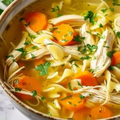 Bol de soupe au poulet et nouilles garni de légumes frais.