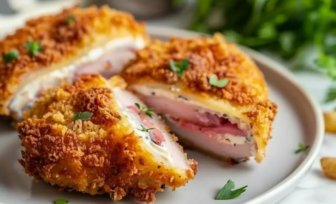 Cordon Bleu croustillant préparé à l'Airfryer, prêt à être dégusté.