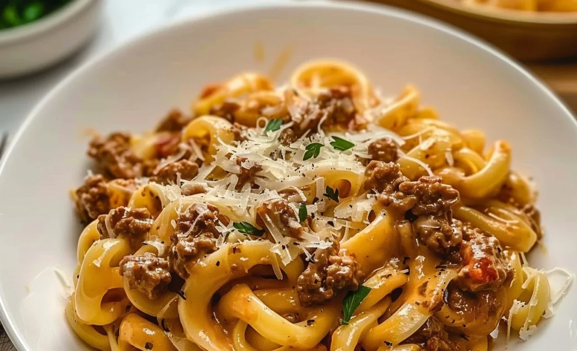 Un plat de pâtes crémeuses au bœuf, garnies de fromage et d'herbes fraîches.