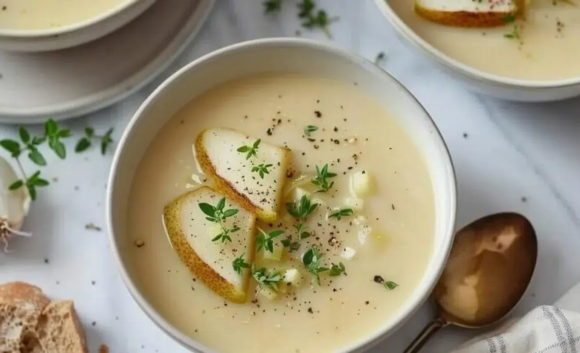 Soupe crémeuse aux poires et aux poireaux 1 Soupe crémeuse de poire et poireau servie dans un bol.
