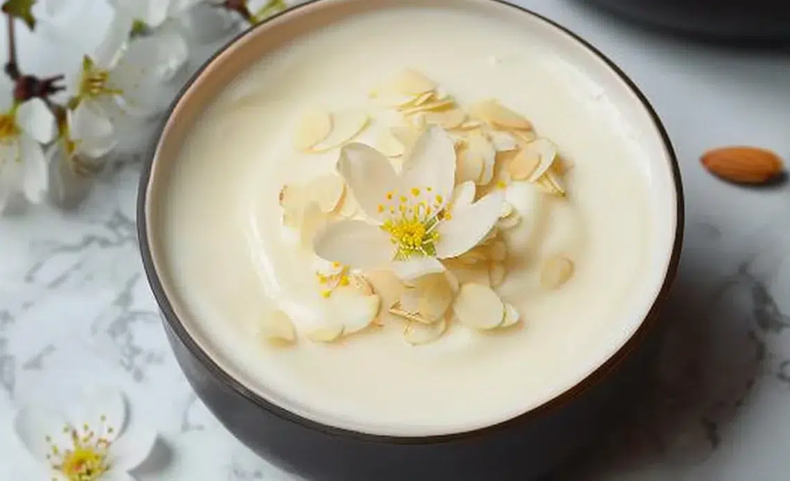 Crème au lait aux amandes et à la fleur d’oranger 1 Crème au lait aux amandes et à la fleur d’oranger dans un bol élégant.