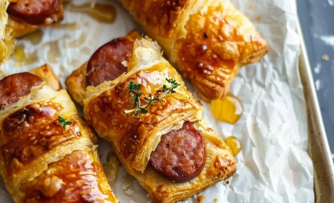 Feuilletés saucisse fumée accompagnés de moutarde et miel sur une assiette