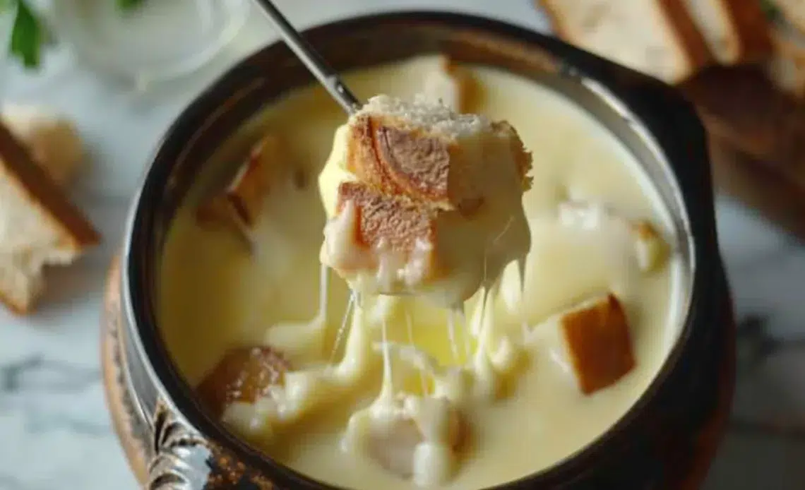 Plat de Fondue Savoyarde avec fromage fondant et pain croustillant