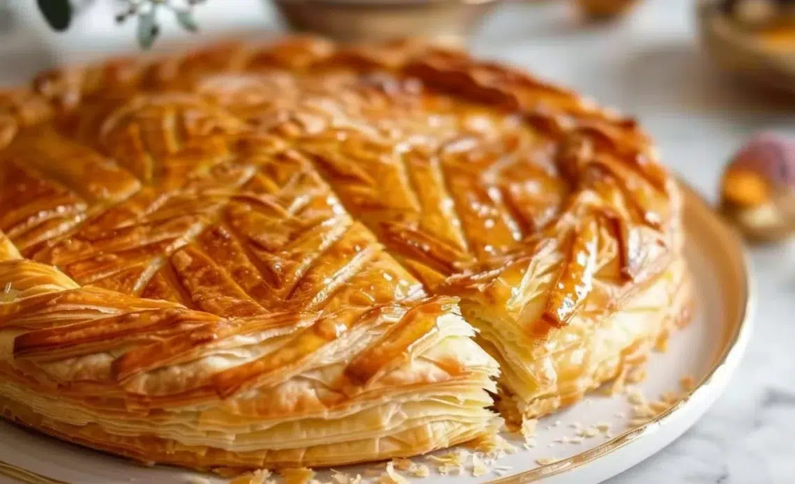 Galette des Rois Frangipane dorée et garnie de frangipane, traditionnelle pour l'Épiphanie.