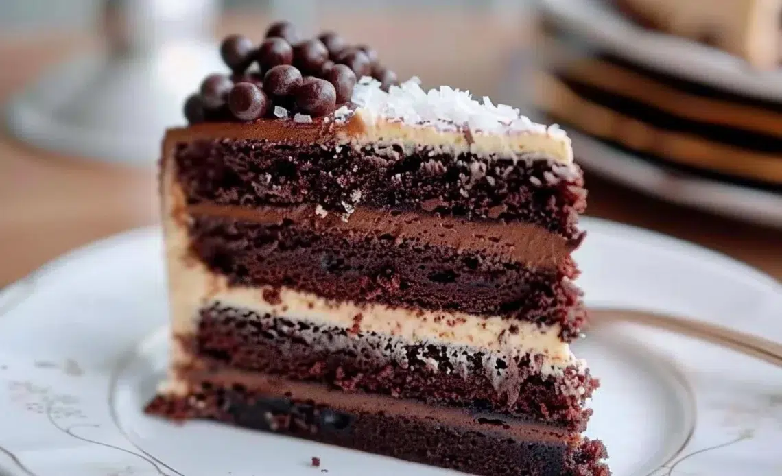 Gâteau au chocolat à étages, décoré de ganache et de fruits frais.