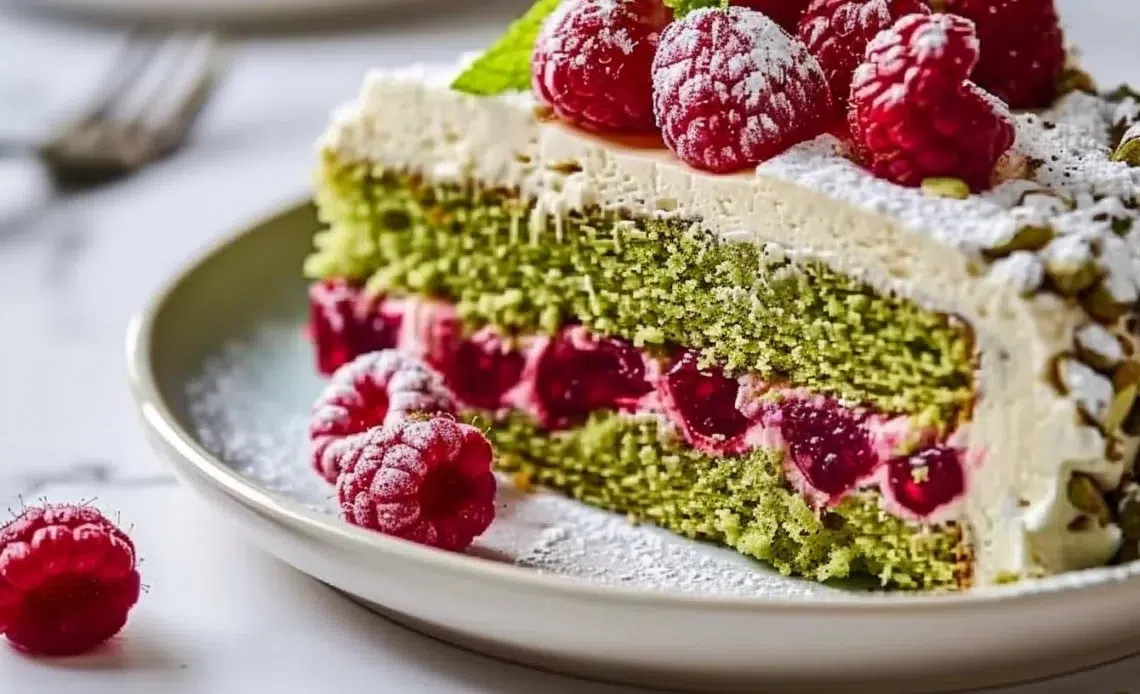 Gâteau pistache avec framboises sur plat blanc