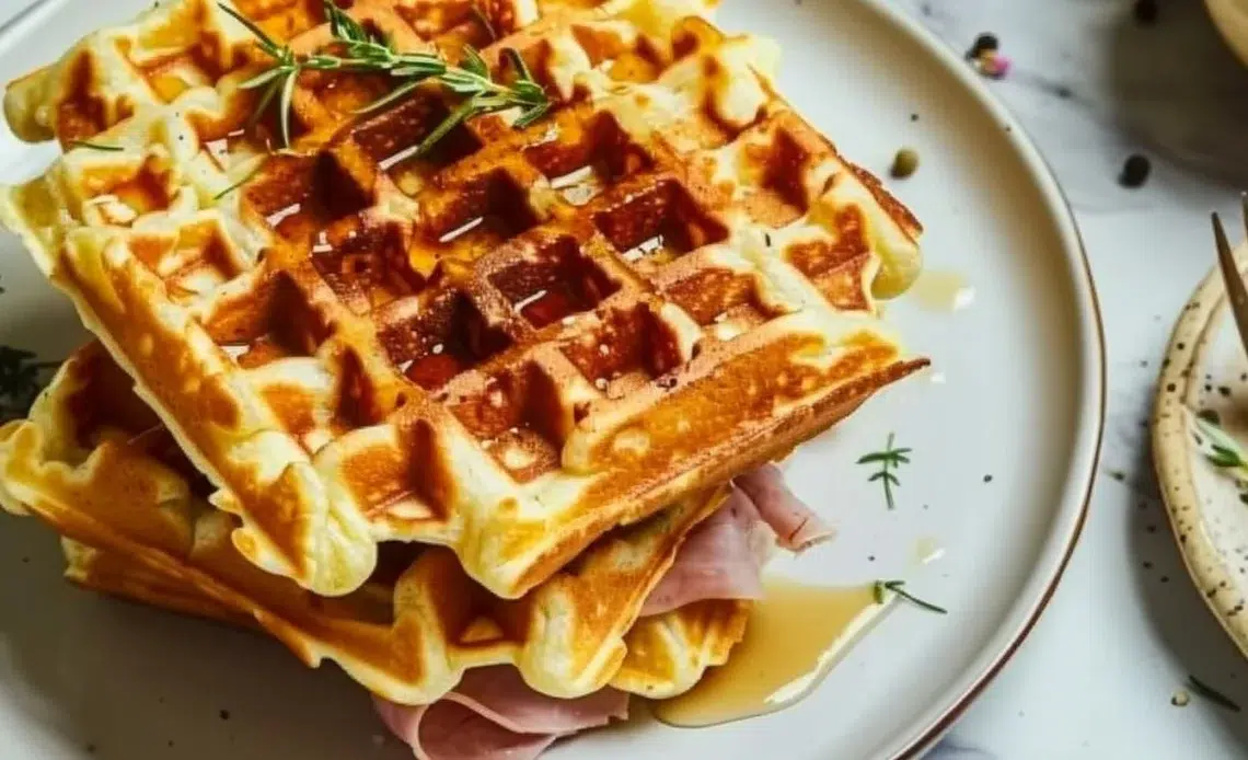 Gaufres salées croustillantes au jambon et fromage, parfaites pour un repas savoureux.