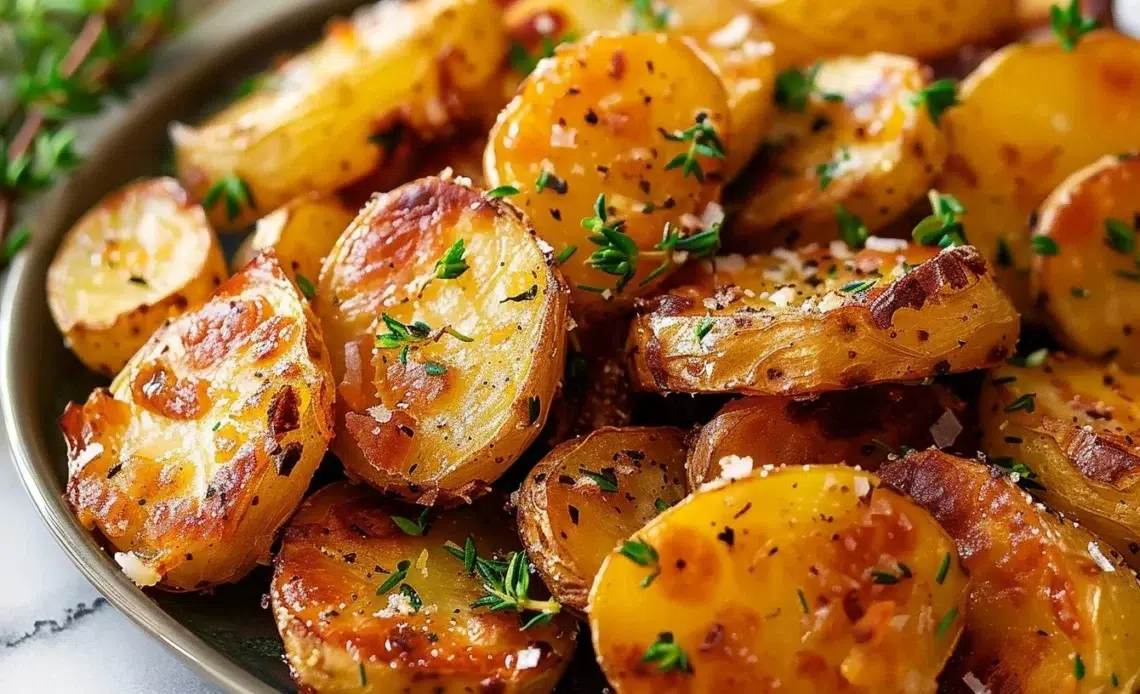 Pommes de terre rôties dorées et croustillantes 1 Pommes de terre rôties dorées et croustillantes dans un plat
