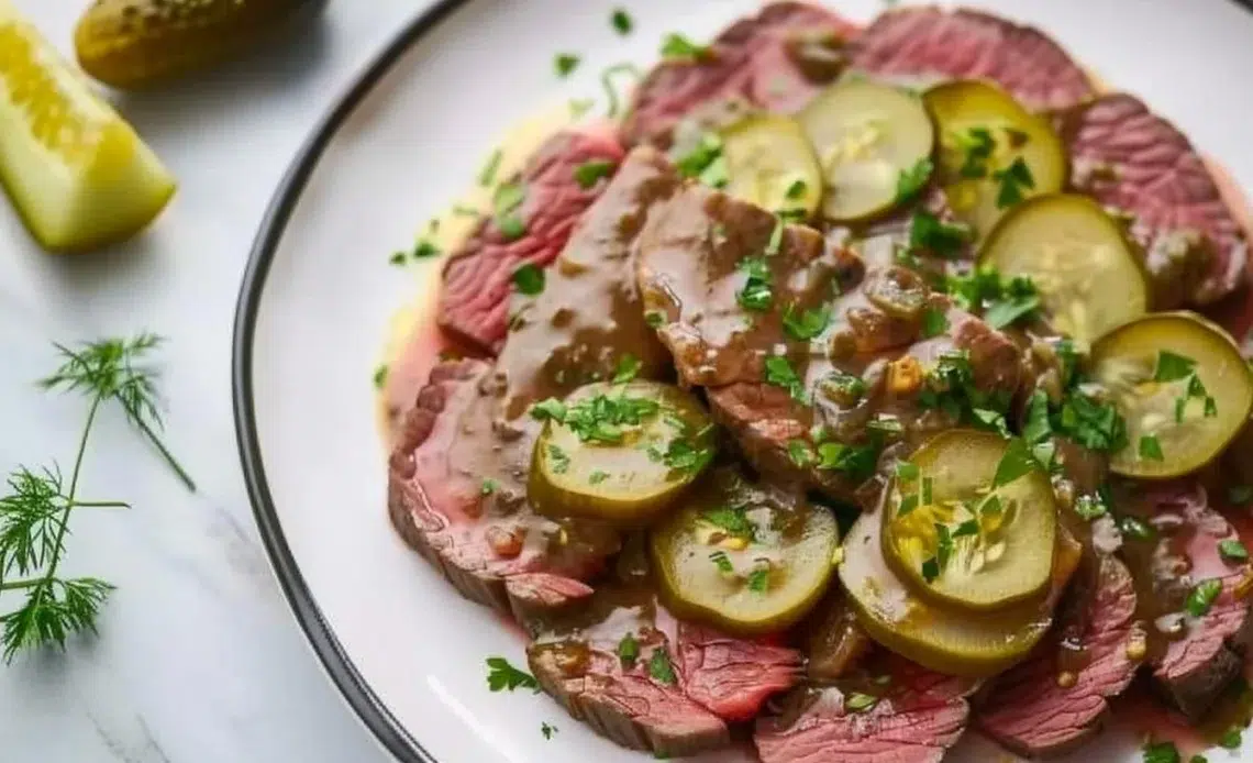 Langue de bœuf aux cornichons servie dans une assiette garnie