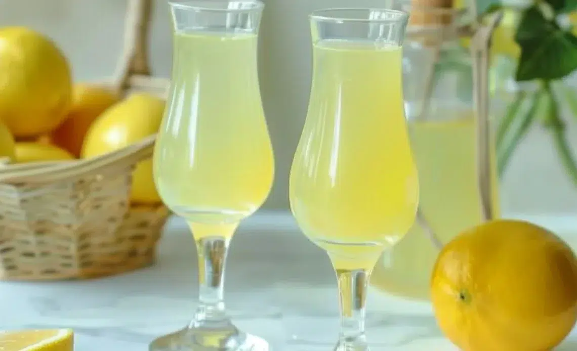 Bouteille de Limoncello avec des citrons frais en arrière-plan