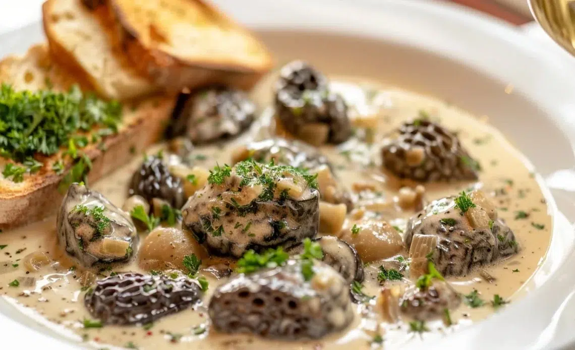 Plat de morilles à la crème servi dans une assiette garnie d'herbes fraîches