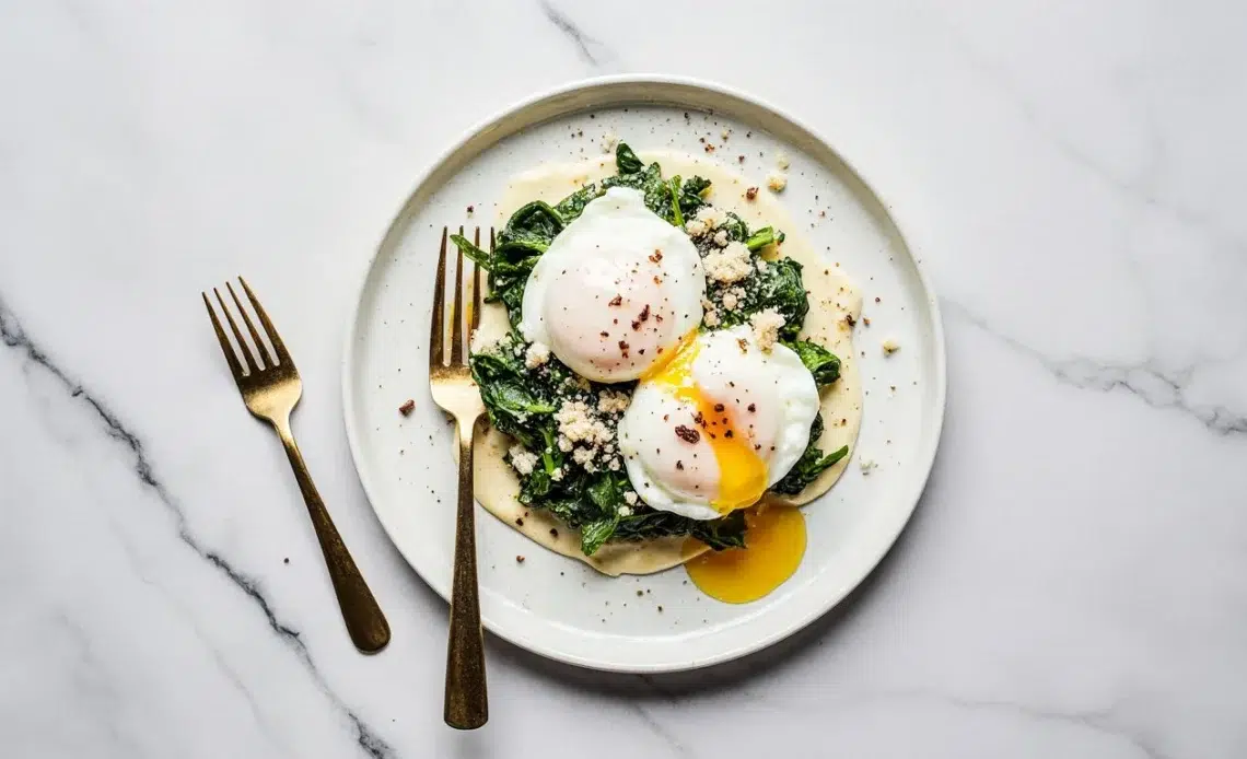 Oeufs à la Florentine 1 Oeufs à la Florentine servis avec épinards et sauce béchamel