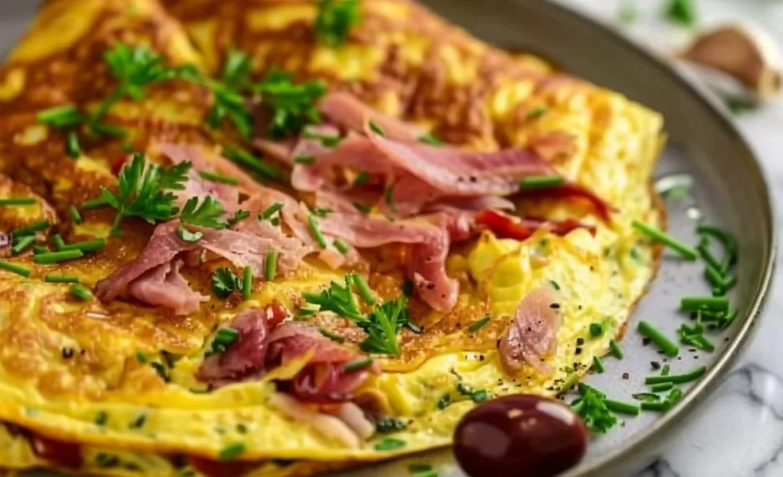 Omelette au Pastrami : Une Recette Savoureuse et Réconfortante 1 Omelette au pastrami garnie de fromage et d'herbes fraîches