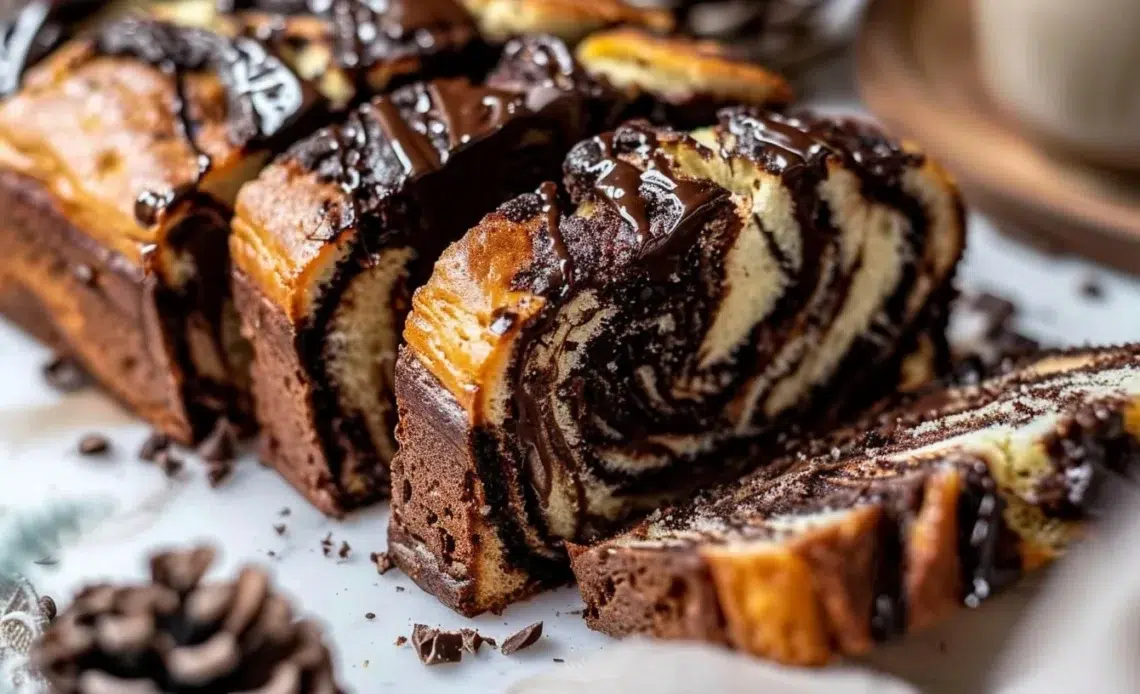 Pain de Noël marbré au chocolat 1 Pain de Noël marbré au chocolat sur une table de fête.