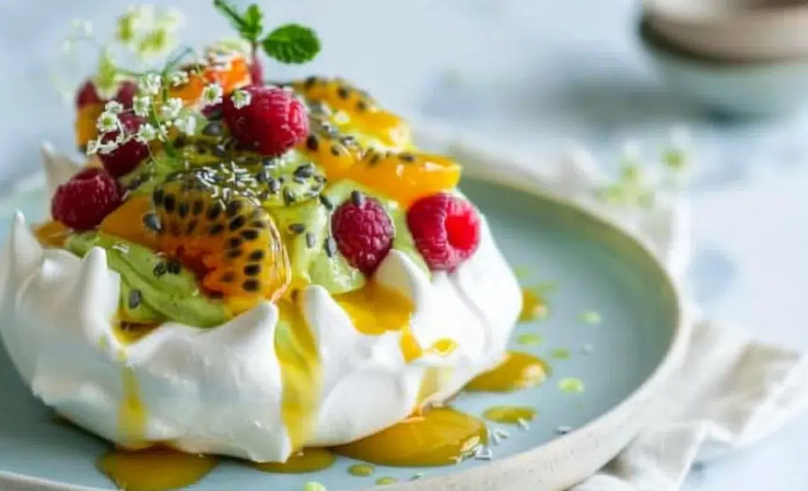 Pavlova au thé matcha et fruit de la passion, un dessert élégant et délicieux.