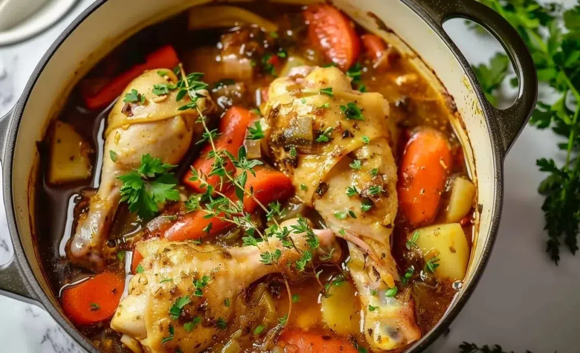 Poule au pot préparée à la cocotte-minute, un plat traditionnel savoureux.