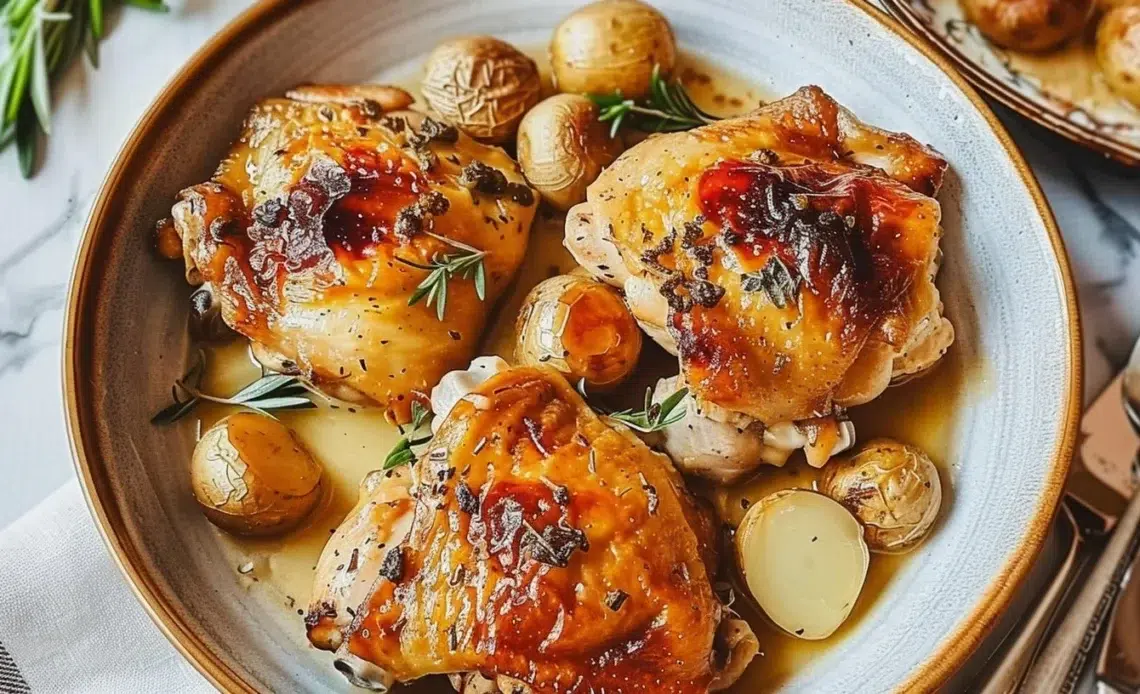 Poulet à la Normande servi avec sauce crème et pommes