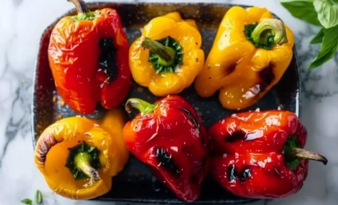 Poivrons rôtis colorés garnis sur une assiette