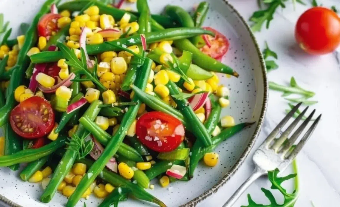 Salade de haricots verts et maïs 1 Salade fraîche de haricots verts et maïs avec vinaigrette.
