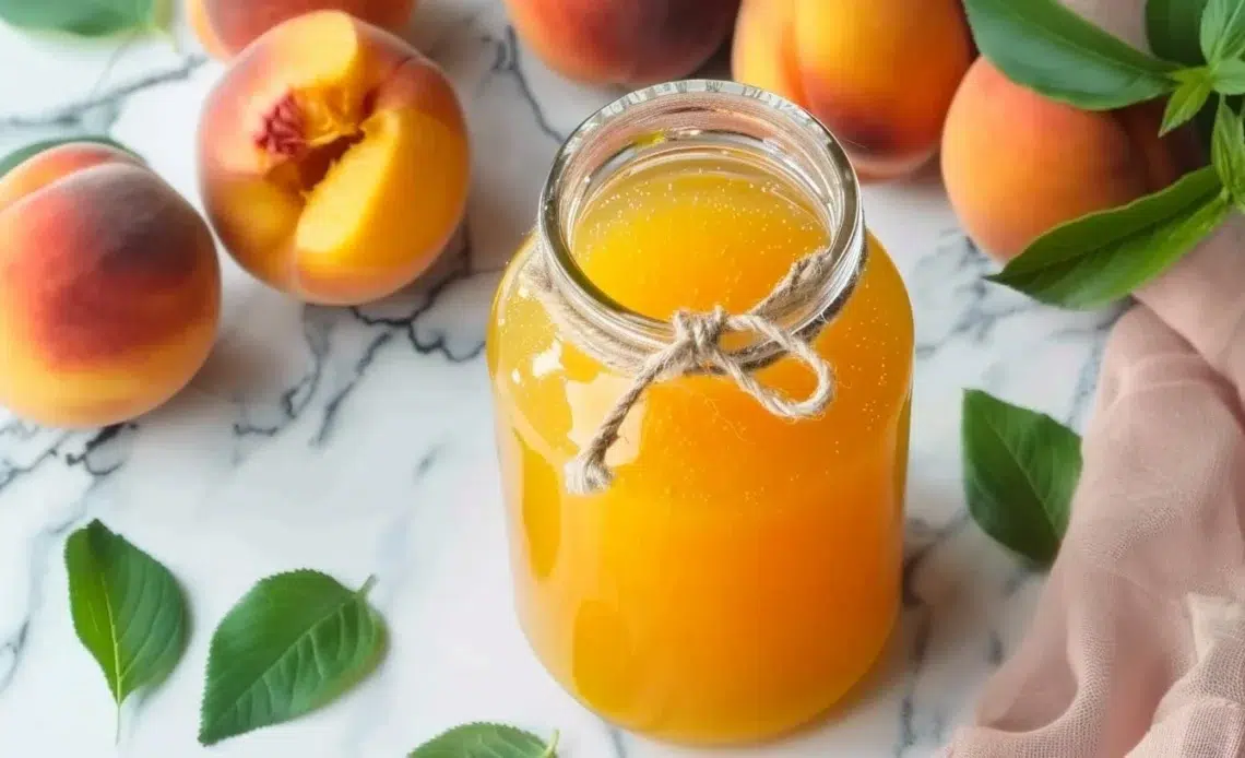 Bocal de sirop de pêches maison prêt à être dégusté.