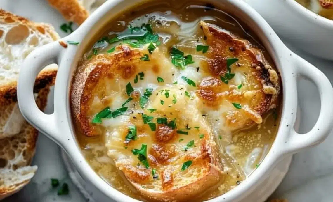 Soupe à l'oignon à la bière 1 Soupe à l'oignon à la bière garnie de pain et fromage