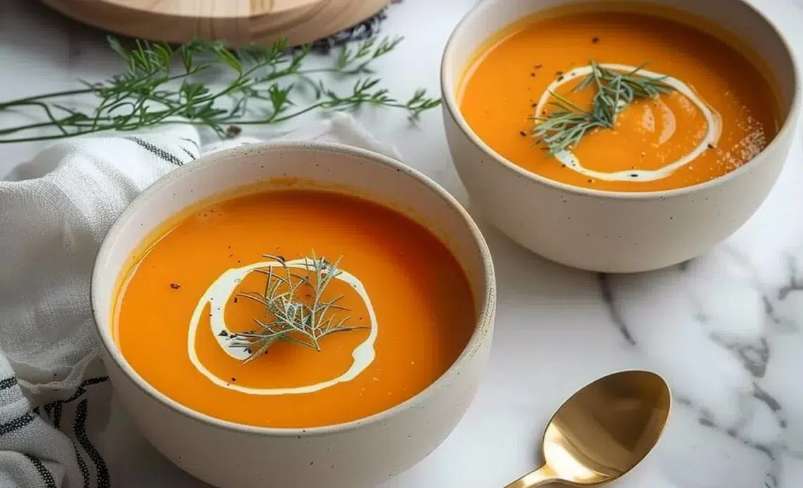 Soupe Carotte Gingembre 1 Bol de Soupe Carotte Gingembre servie avec des herbes fraîches