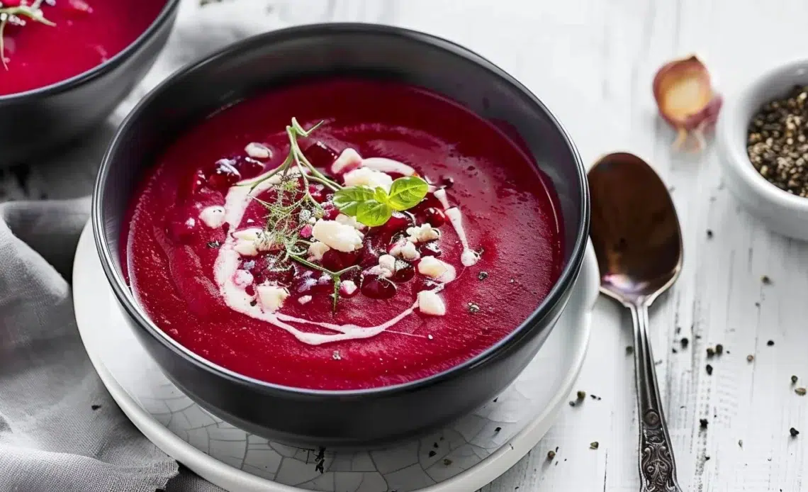 Soupe Détox Betterave : Une Recette Revigorante et Gourmande ! 1 Soupe détox betterave garnie d'herbes fraîches et servie dans un bol blanc.