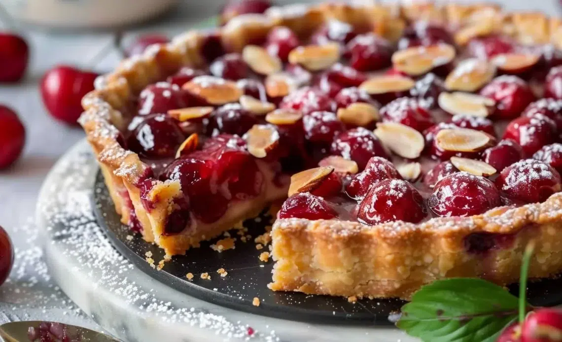 Tarte aux cerises et aux amandes prête à déguster sur une table en bois.