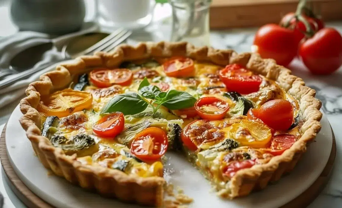 Tarte aux légumes frais et colorés, idéale pour un repas sain et équilibré.