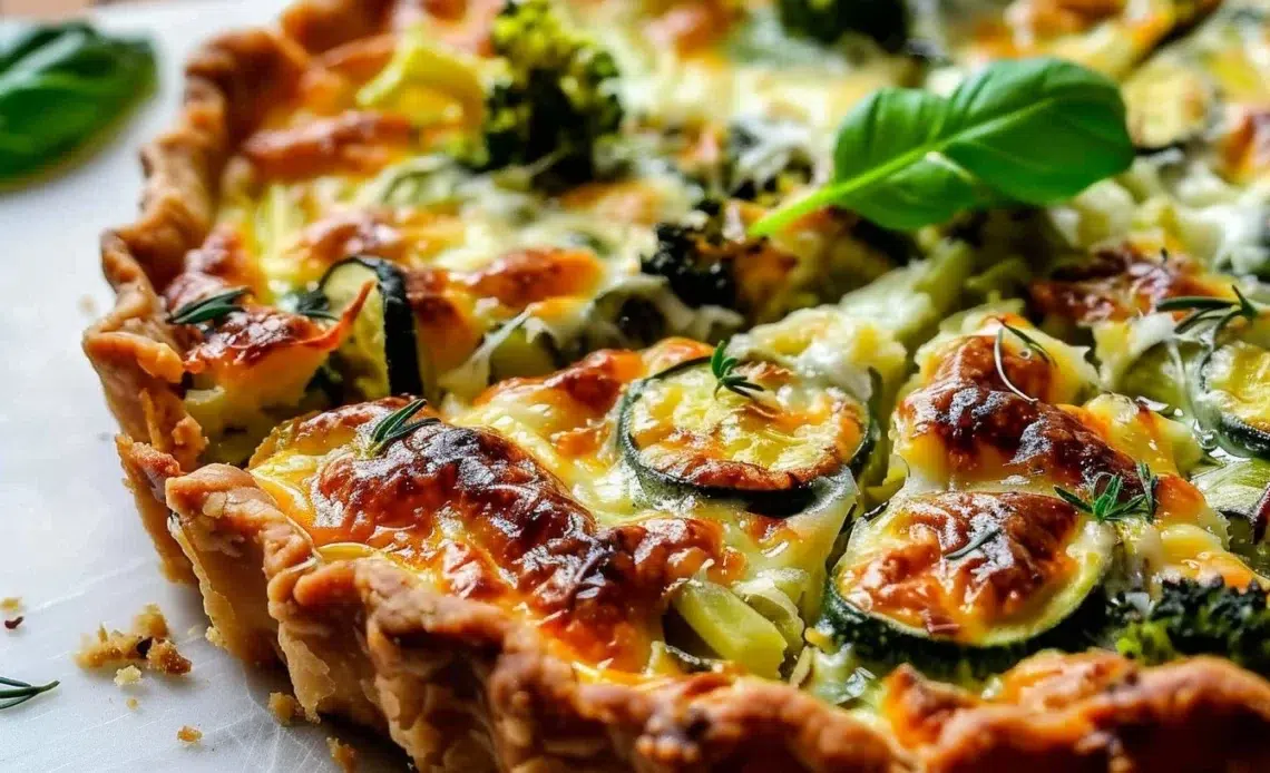 Tarte salée aux légumes verts fraîchement cuite et présentée sur une table