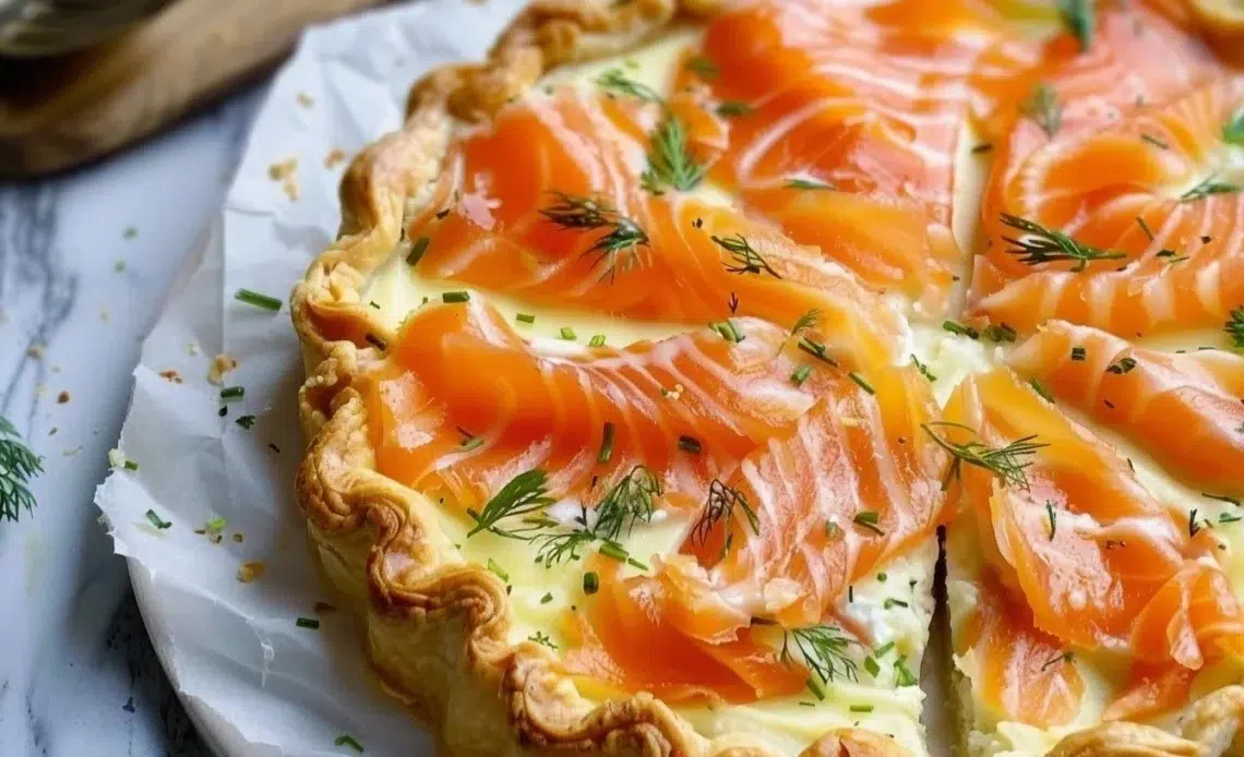 Tarte soleil au saumon fumé servie avec des herbes fraîches