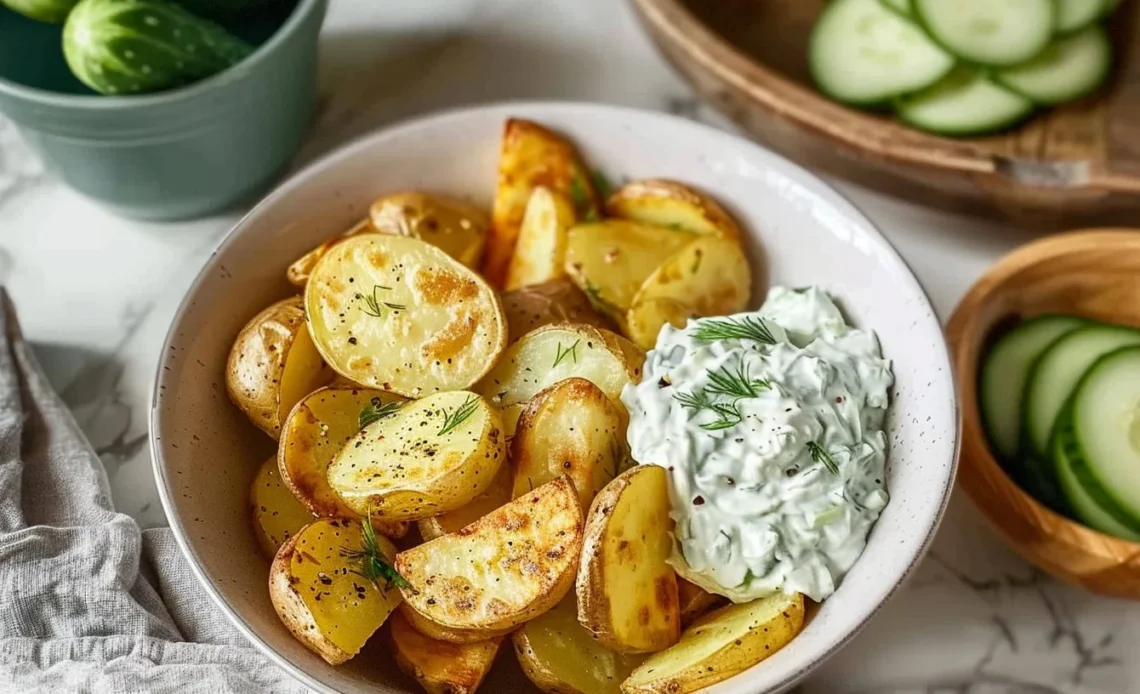 Pommes de terre tendres accompagnées d'un dip crémeux au concombre