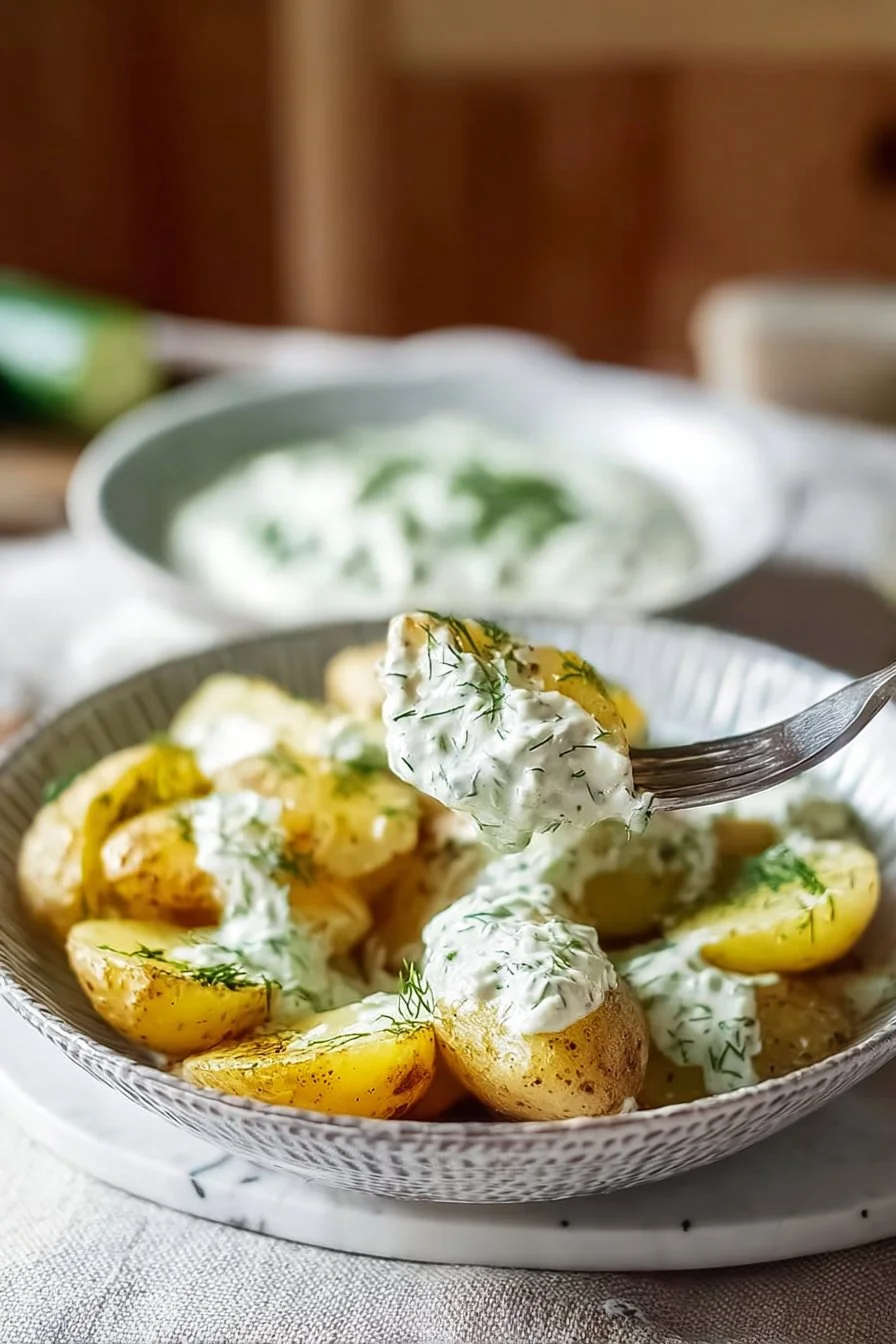 Tender potatoes with creamy cucumber dip