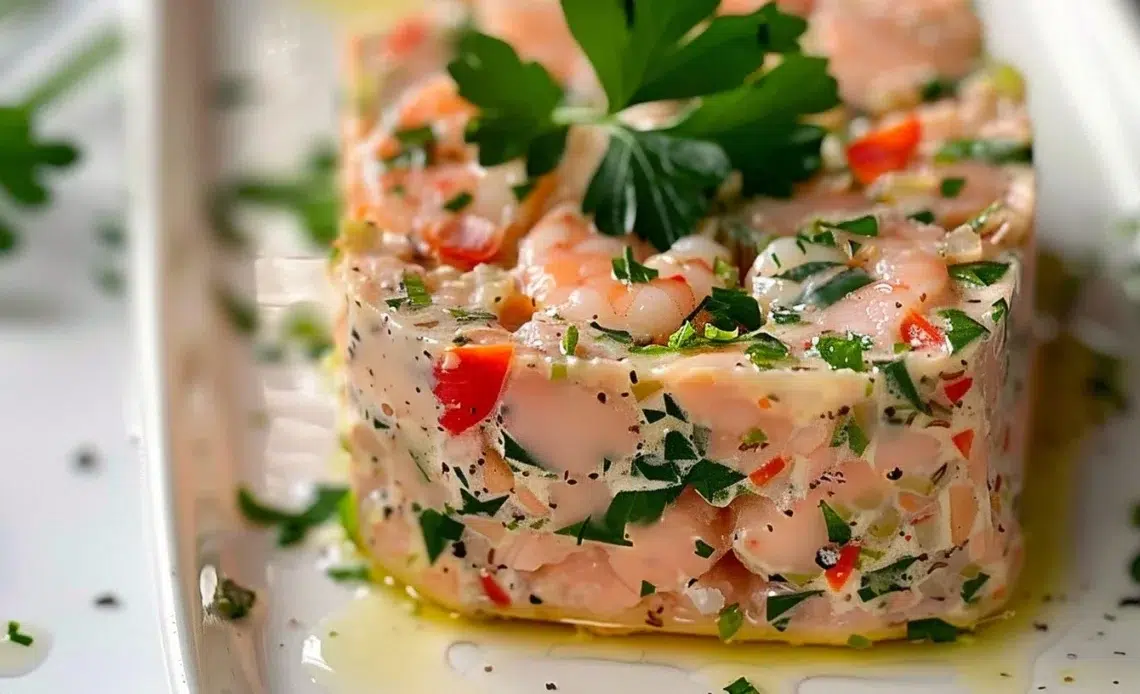 Terrine de saumon et crevettes servie sur un plateau élégant