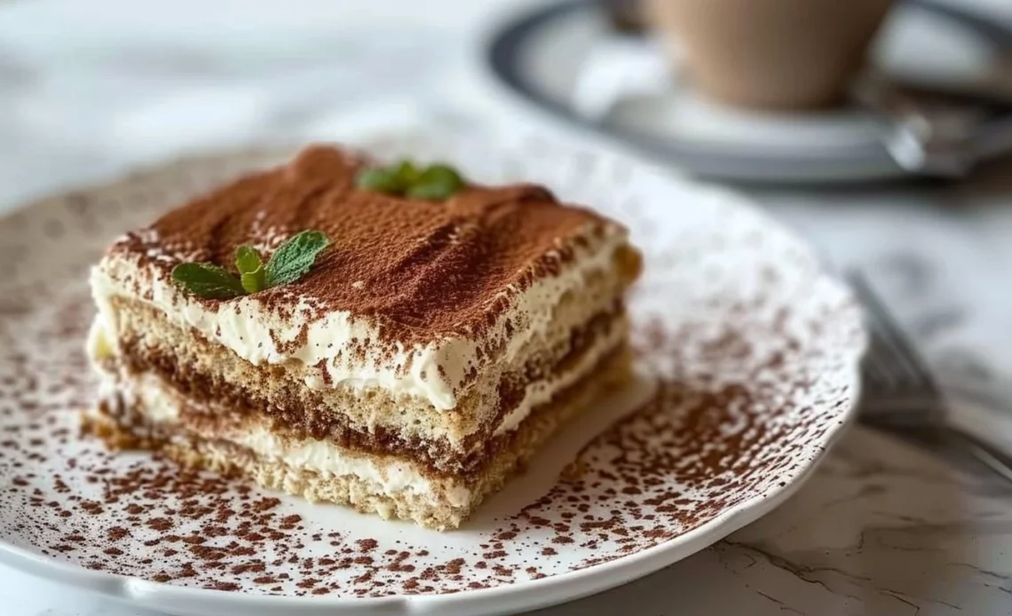 Desserte tiramisu crémeux garni de cacao sur assiette blanche.
