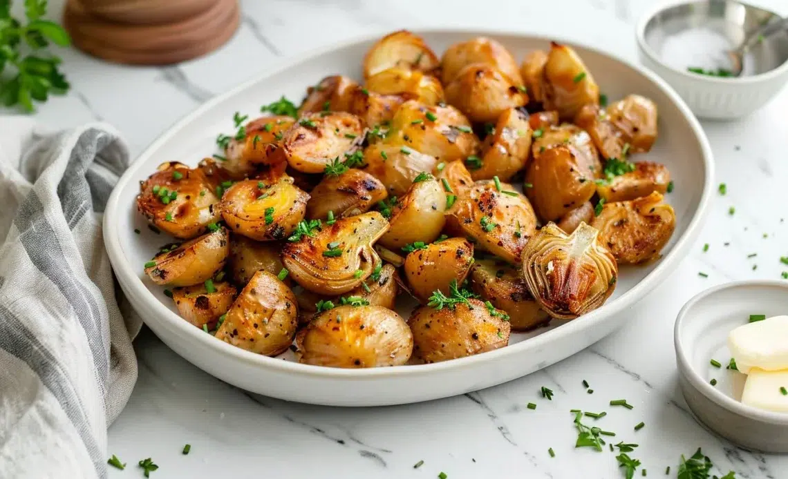Topinambours rôtis au four 1 Assiette de topinambours rôtis au four, plat savoureux et coloré
