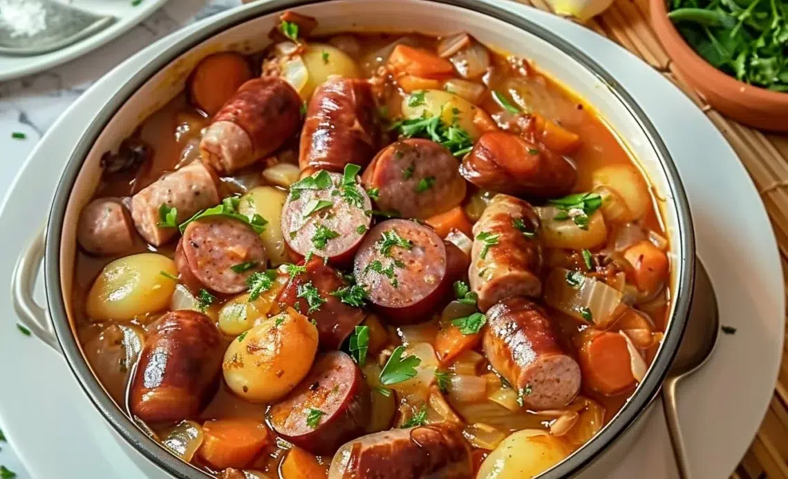 Casserole traditionnelle avec saucisses fumées prête à servir