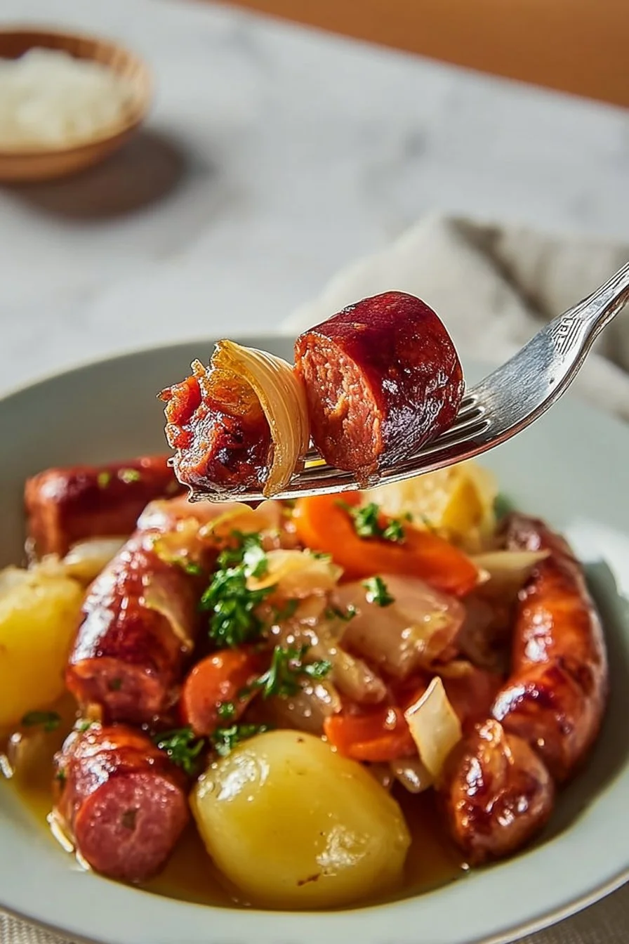 Traditional casserole with smoked sausages