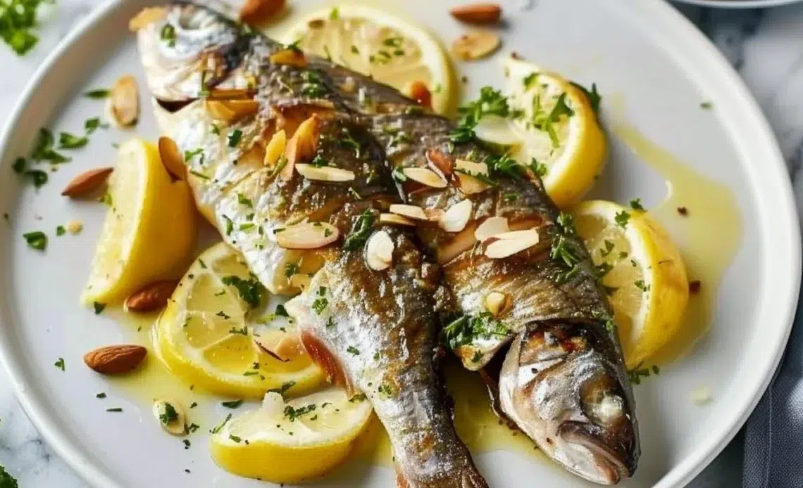 Plat de truites aux amandes accompagné d'herbes fraîches