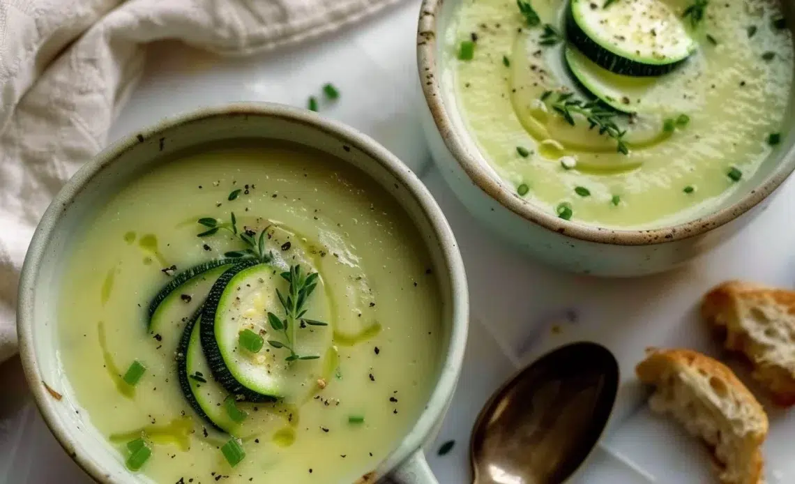 Bol de velouté de courgettes garni de quelques herbes fraîches.