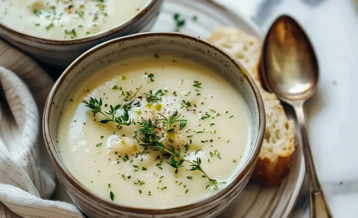 Soupe crémeuse aux haricots blancs et thym dans un bol